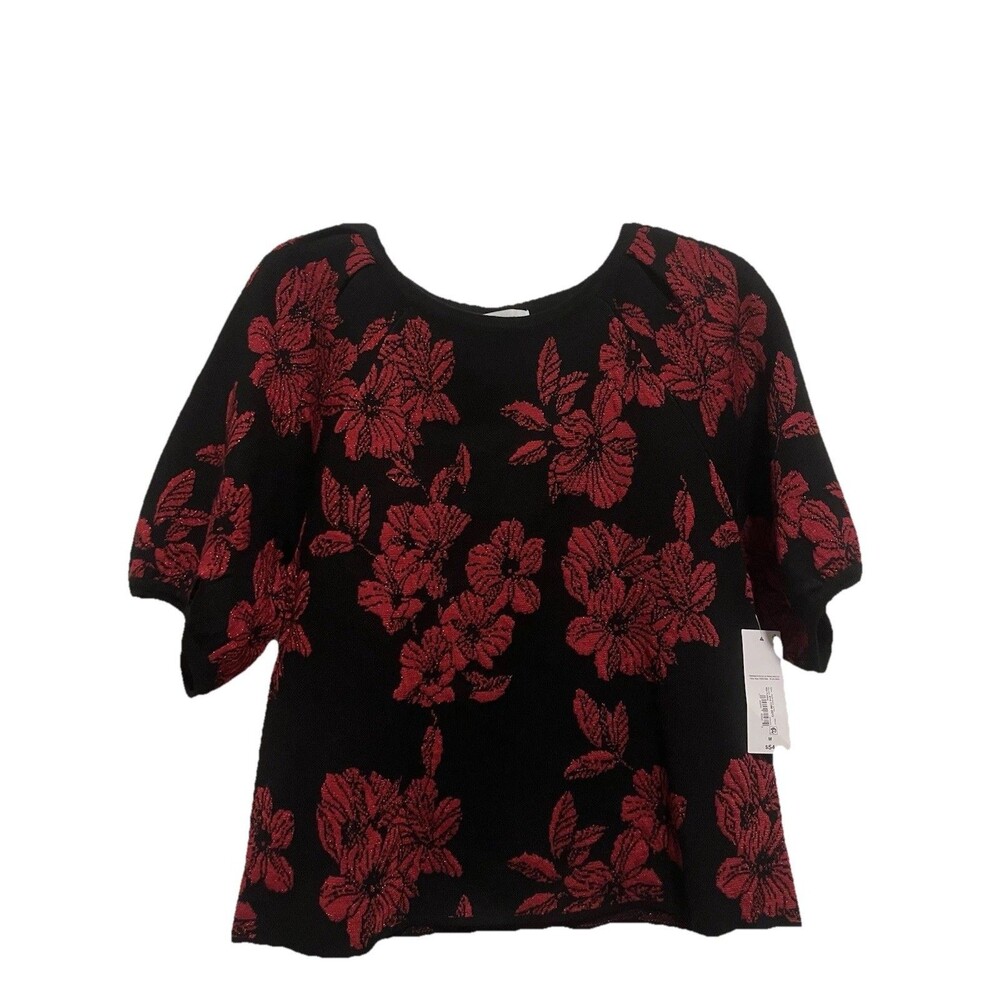 NEW Liz Claiborne Rayon Nylon Knit Red Floral Black Medium Short Sleeve Sweater